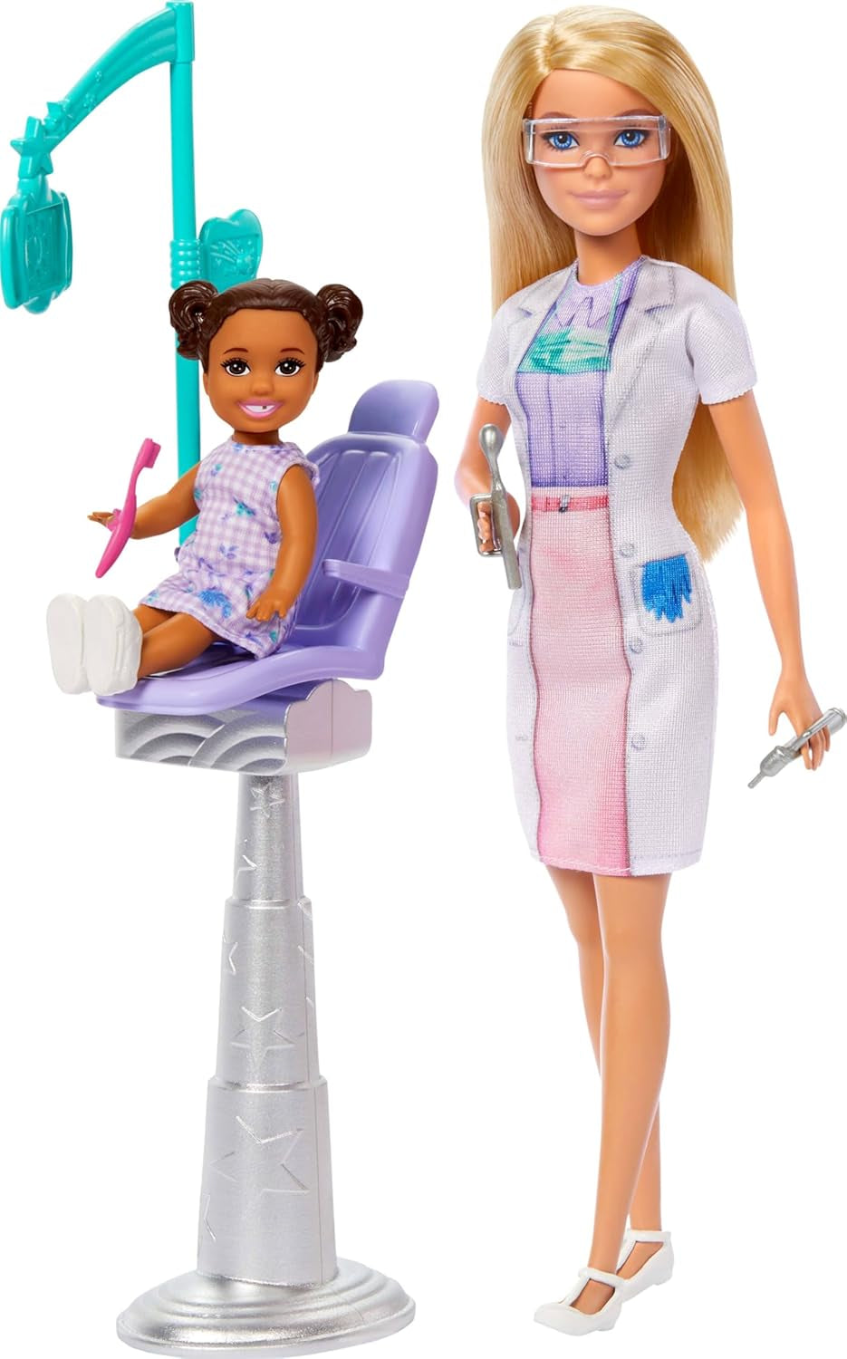 Lalka dentystka Barbie, modna lalka z blond włosami, niebieska sukienka i fartuch laboratoryjny, 1 lalka dziecięca, akcesoria egzaminacyjne i różne akcesoria, JCR74