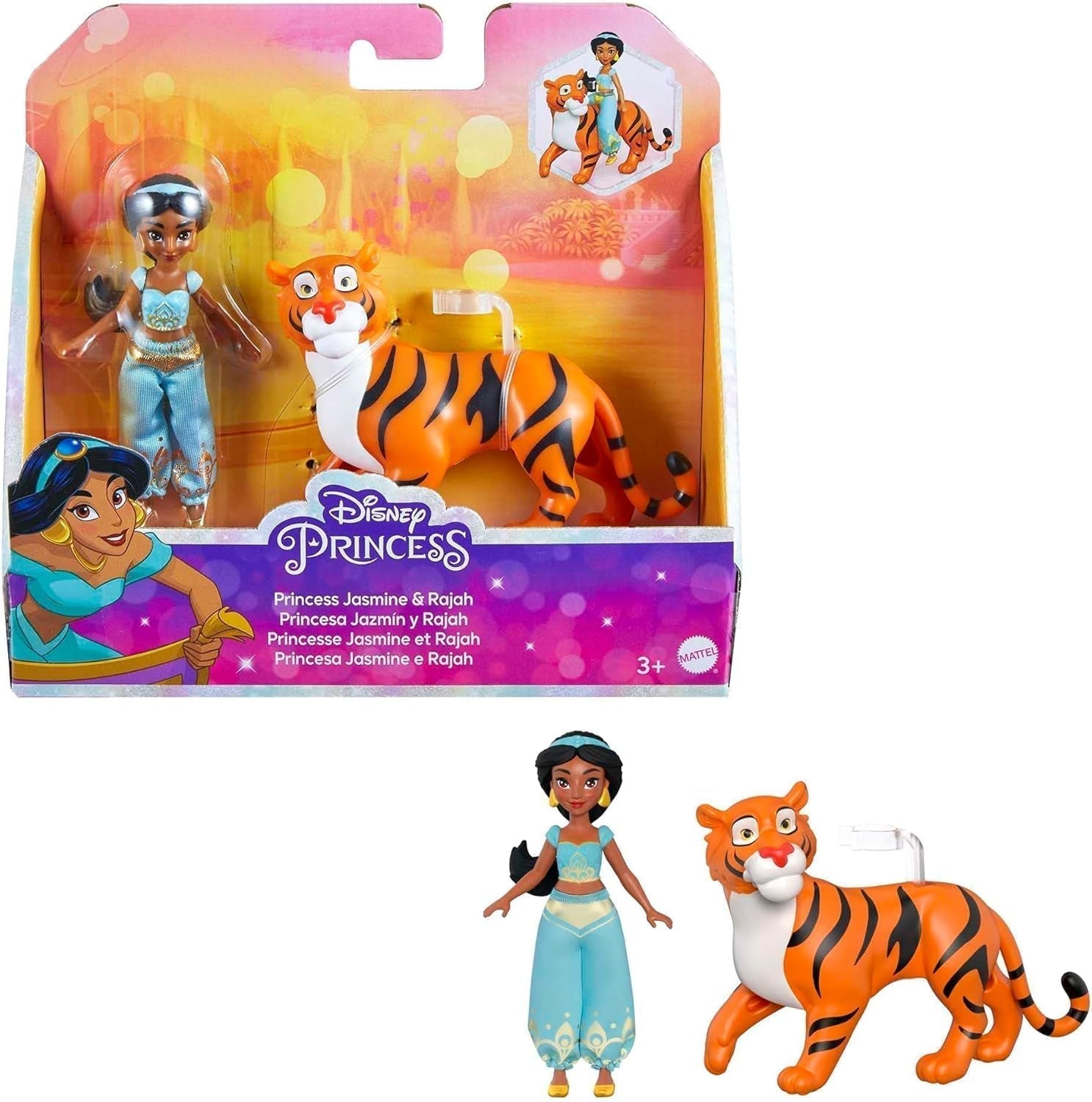 Mattel Disney Princess Zabawka Jasmine Fashion Ruchoma lalka z błyszczącymi ubraniami i akcesoriami Prezent dla dzieci inspirowany filmami Disneya HLW12 Naty Shop Lalki Little Jasmine Tiger Rajah