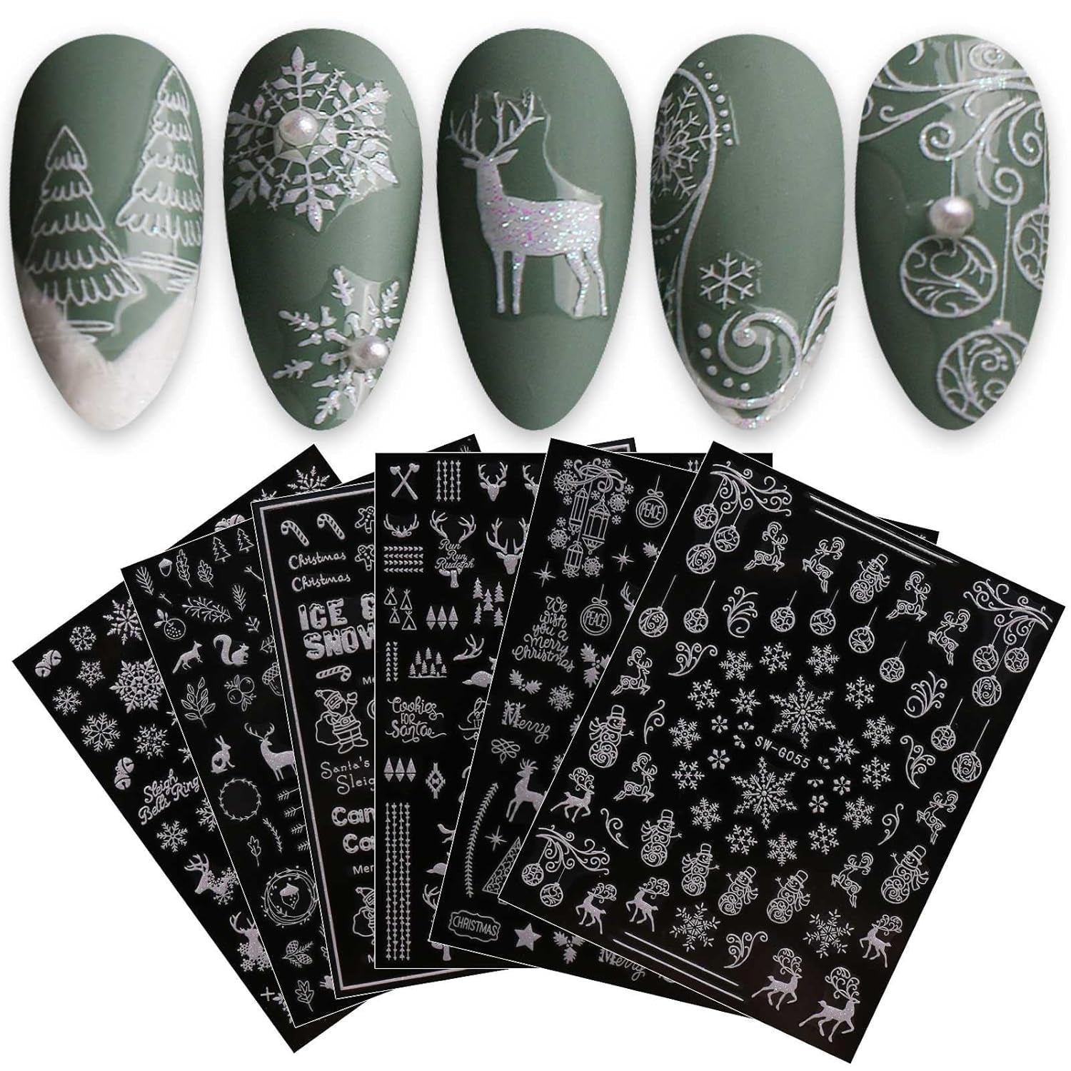 JMEOWIO Nagelsticker Weihnachten 9 Blatt Nail Art Naklejka Selbstklebend Nagelaufkleber Schneeflocke Schneemann Festival Weißes Gold Dekoration Nageldesign Zubehör