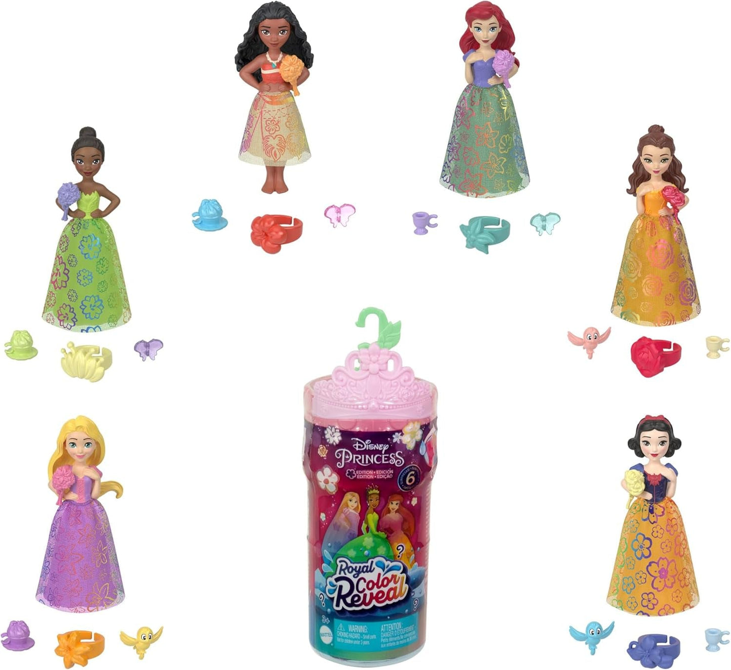 Mała lalka Mattel Disney Princess Royal Color Reveal z 6 niespodziankami, w tym pierścionkiem zapachowym i 4 akcesoriami (lalki mogą się różnić), seria Garden Party HRN63