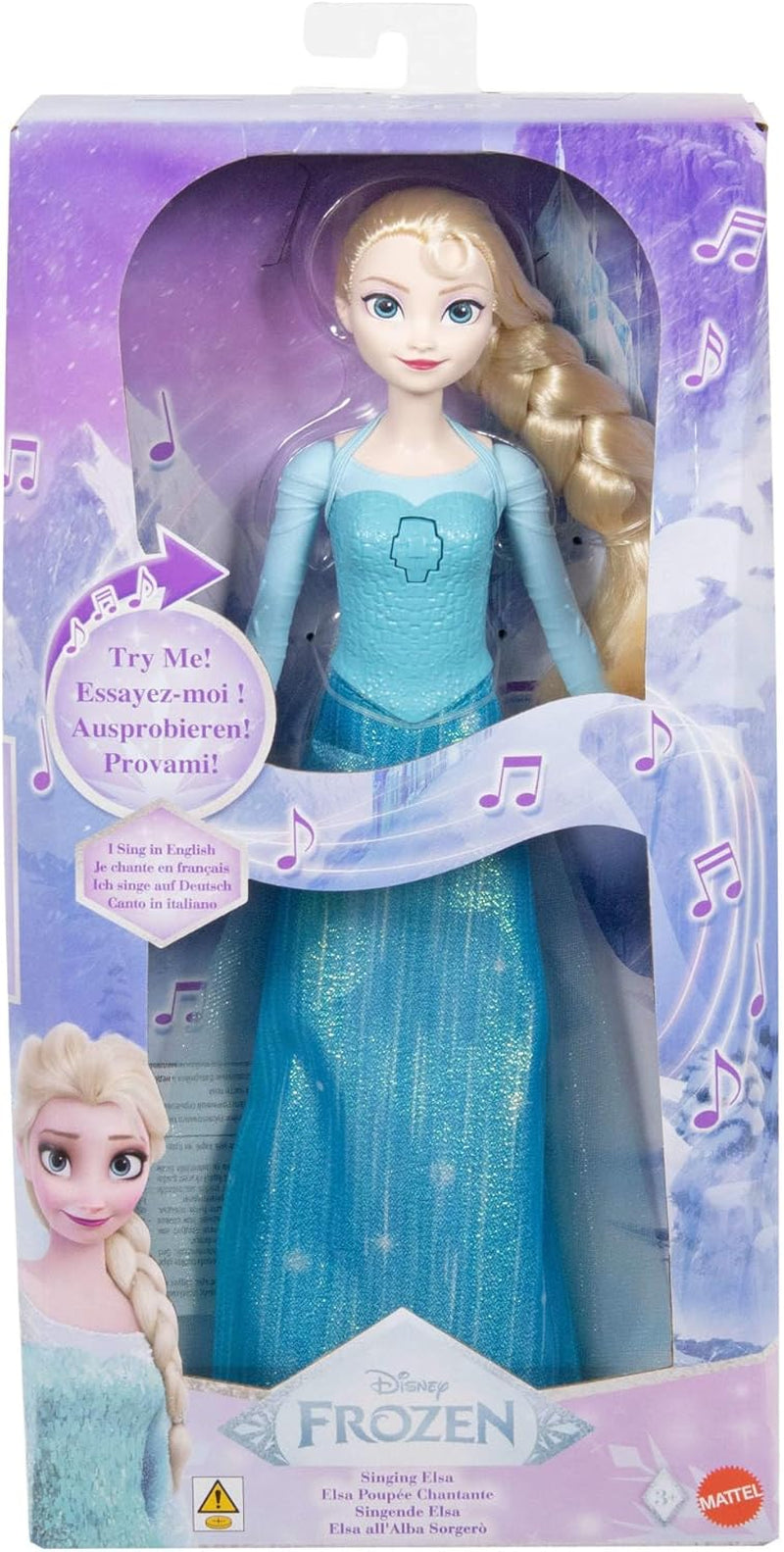 Mattel Toys Disney Frozen Elsa śpiewająca lalka w kultowym stroju, śpiewa „Let It Go” z filmu Disneya w języku angielskim, francuskim, niemieckim, włoskim, JDL58