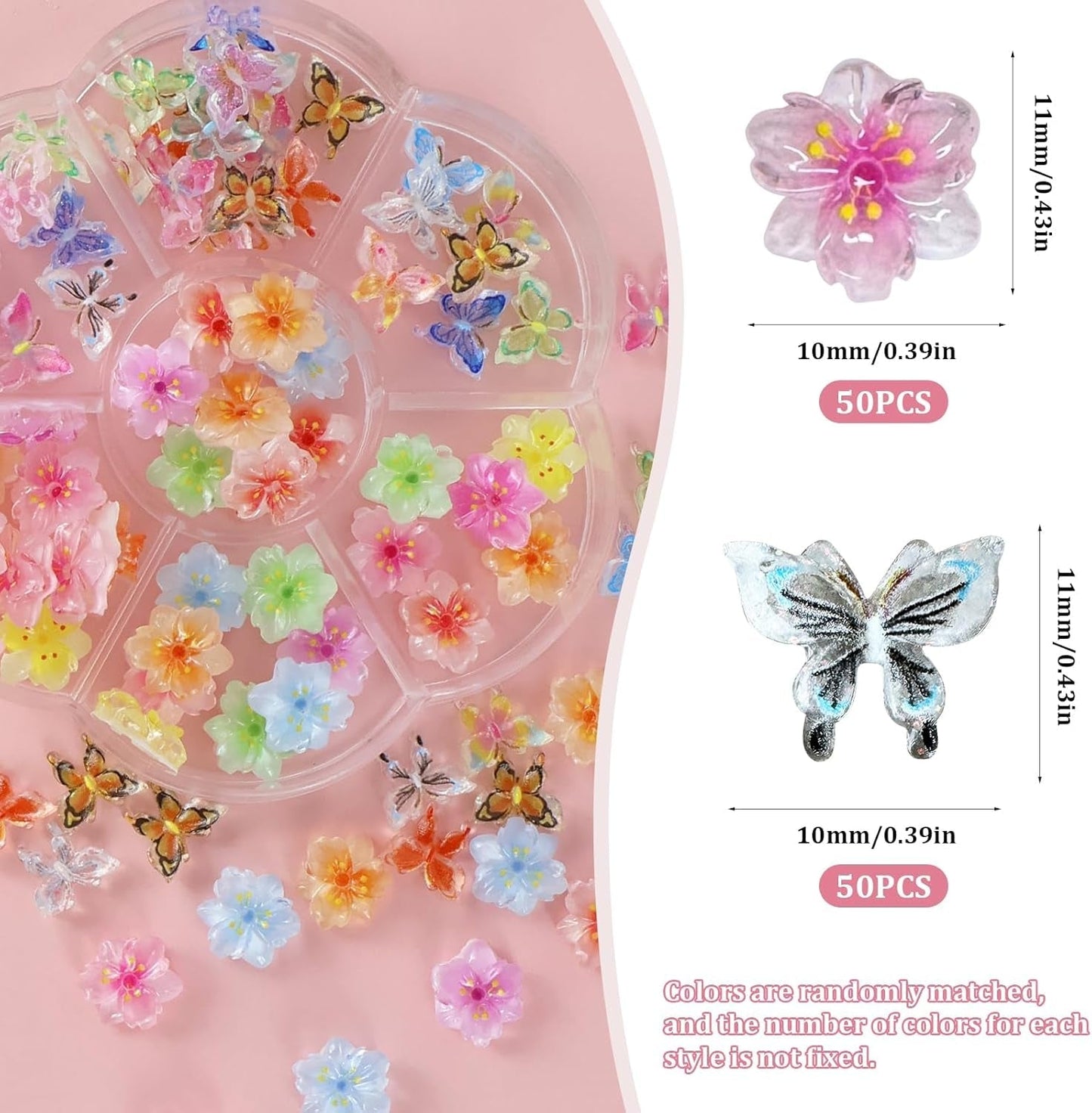 YICH Charms do paznokci Nägel Charms 50 sztuk 3D kwiaty + 50 sztuk 3D Schmetterling, letni zestaw Nägel Deko Schmetterling/kwiaty Nail Art Nailart
