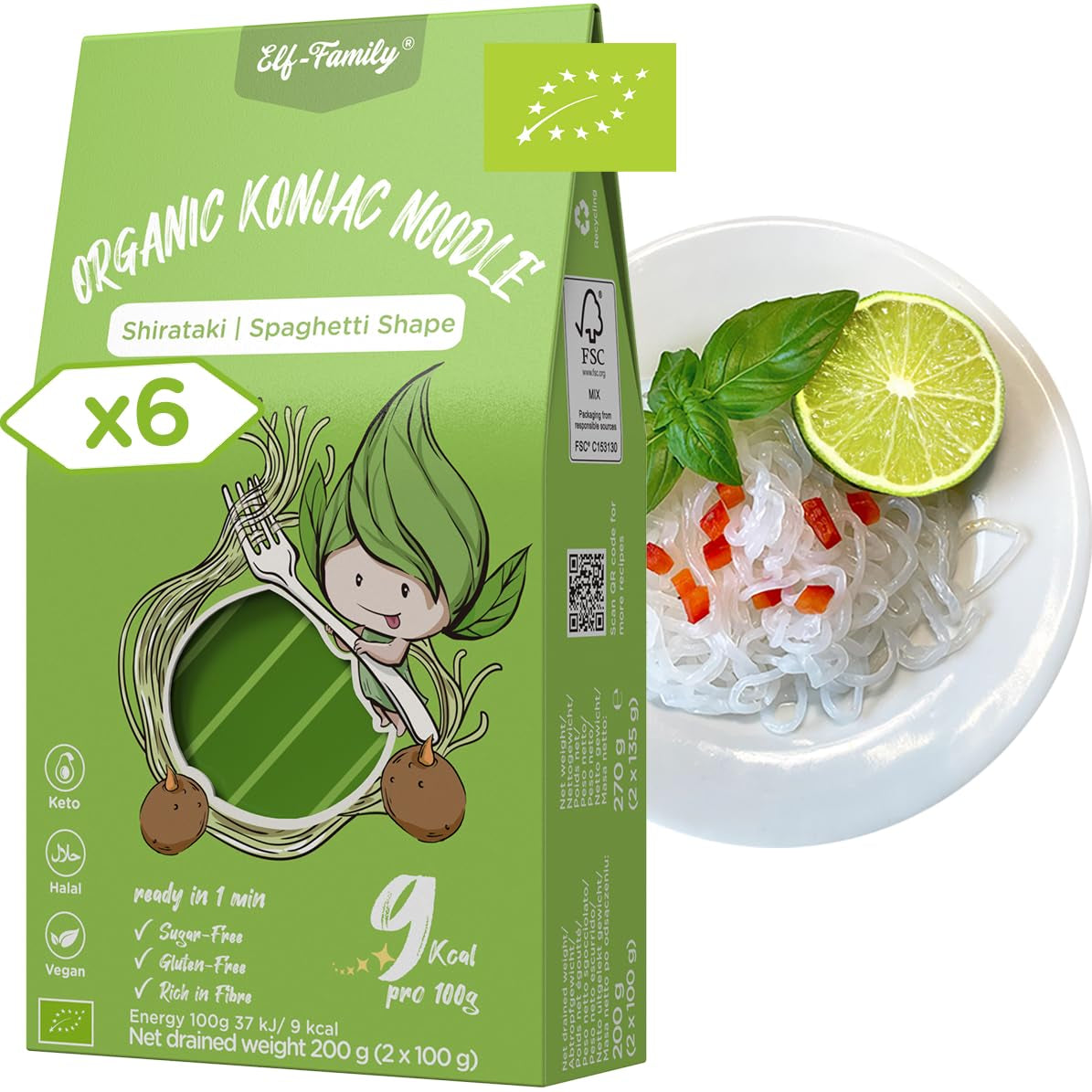 Elf-Family 270g x6er Box (12 szt.) Bio Konjak Nudeln Ultra Low Carb Shirataki Nudeln Wegańskie Glutenfrei-Instant Nudeln ohne kohlenhydrat/Keto/Kalorienarme/Fettfrei/Zuckerfrei -Spaghetti MHD: 12.11.2026