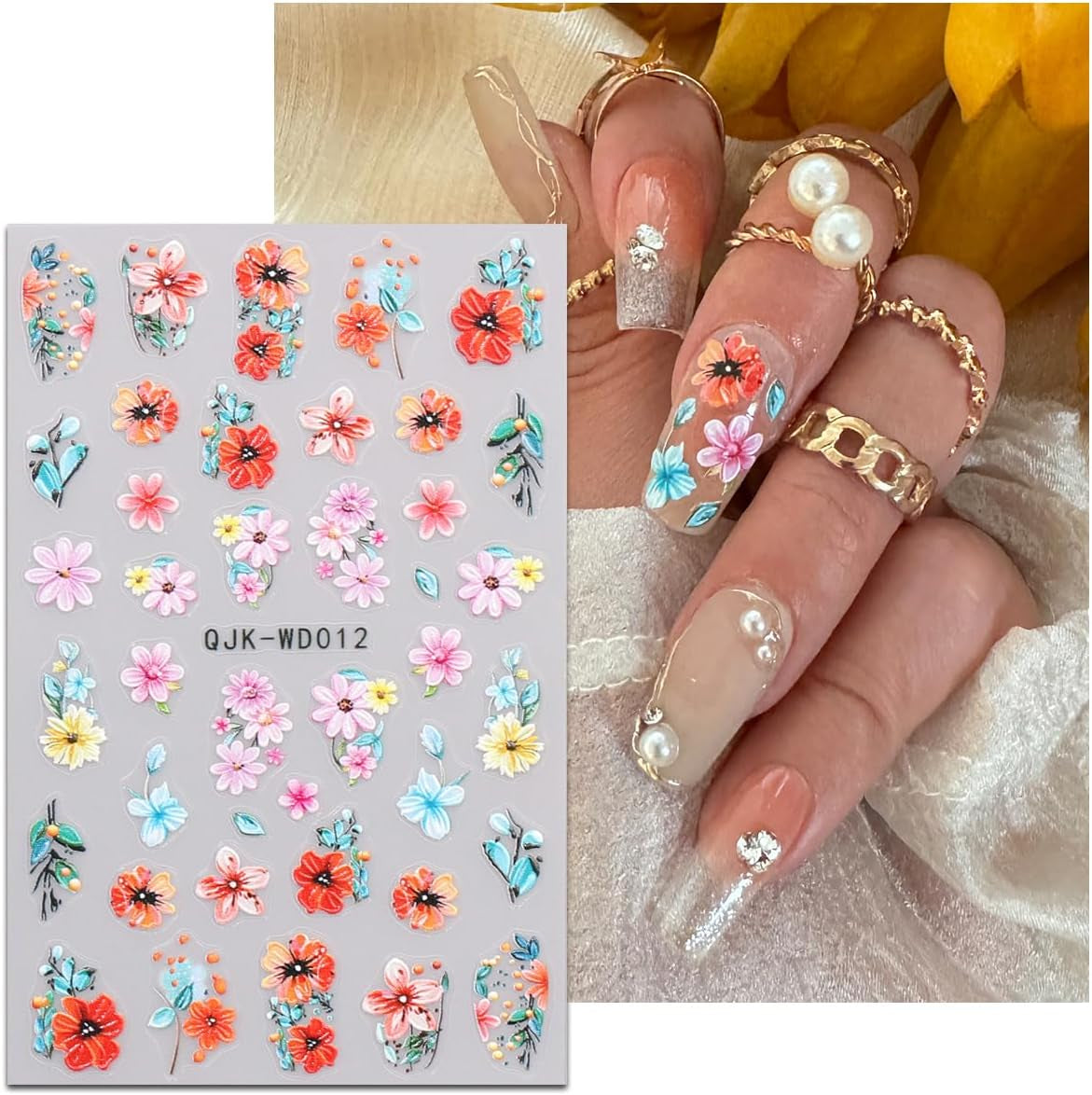 JMEOWIO Nagelsticker Blumen 6 Blatt Nail Art Naklejka Selbstklebend Nagelaufkleber Sommer Blumen Dekoration Nageldesign Zubehör