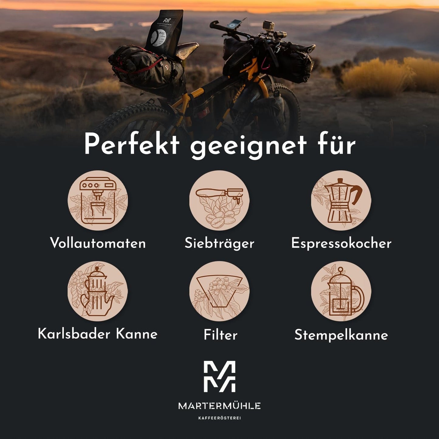 Ziarna espresso Martermühle Bike 500g Mocne | Arabika/Robusta | Smaki: Orzechy makadamia, mleczna czekolada | Jasno palone całe ziarna espresso, niska kwasowość