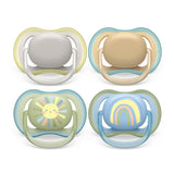 Smoczki Philips AVENT ultra air — zestaw 4 oddychających smoczków niezawierających BPA dla dzieci w wieku od 0 do 6 miesięcy, w tym etui do przenoszenia i sterylizacja, kolor słońce/tęcza (model SCF085/65)