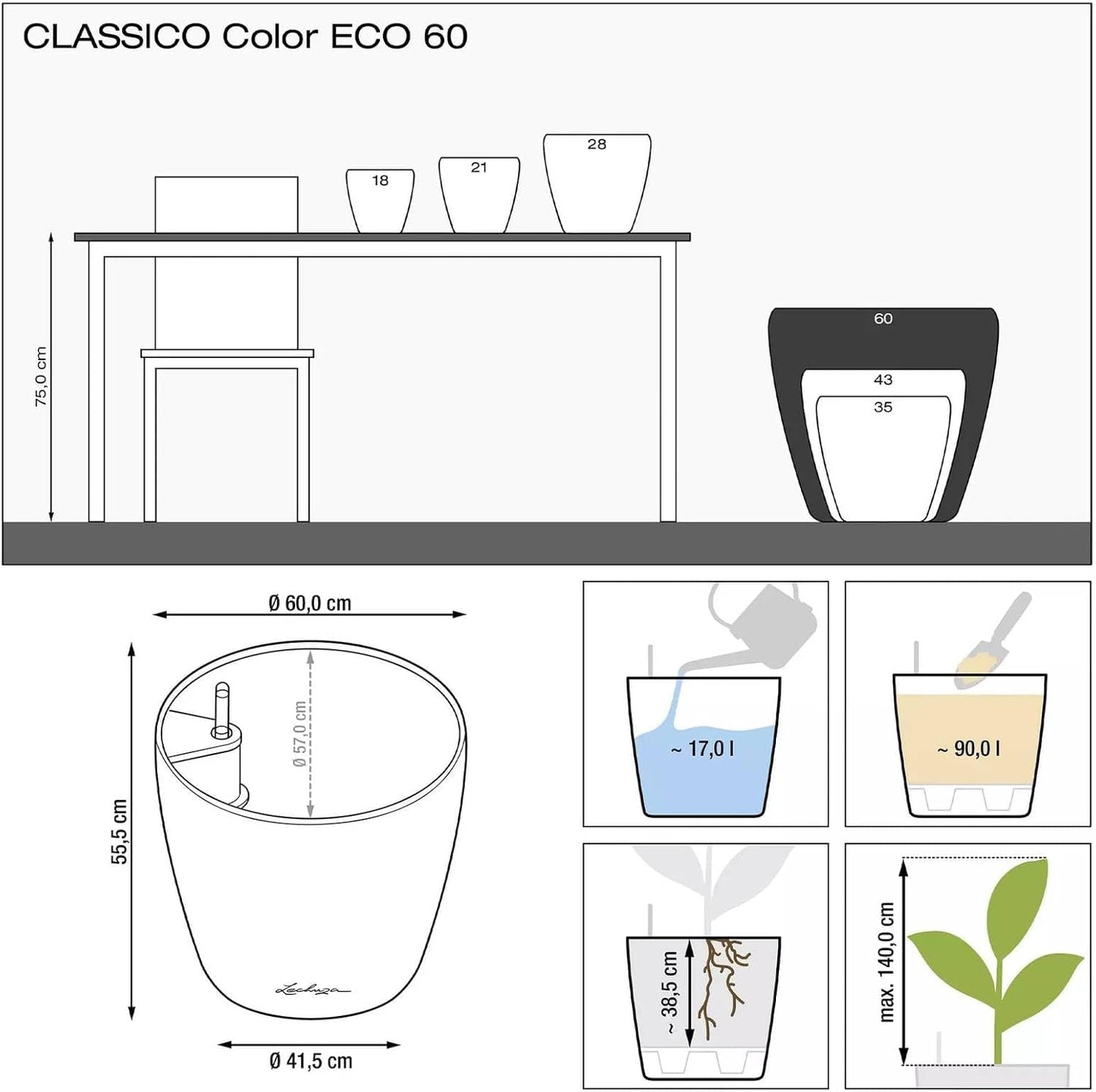 Donica LECHUZA Classico Color ECO 60 Ciemnoszary | Donica z systemem podlewania i wskaźnikiem poziomu wody | Wykonane w 100% z plastiku pochodzącego z recyklingu | Matowe wykończenie | Ø 60 x 55,5 cm | 18955