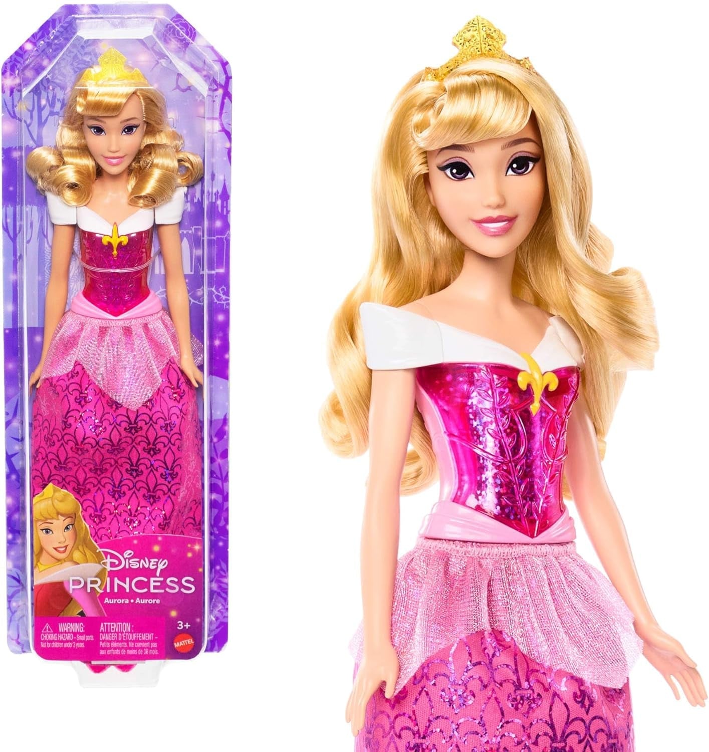 Mattel DISNEY Princess Aurora - lalka z kultowym strojem, odpinanymi butami i tiarą, błyszczącym topem i odpinaną wzorzystą spódnicą, długie włosy do stylizacji, HLW09