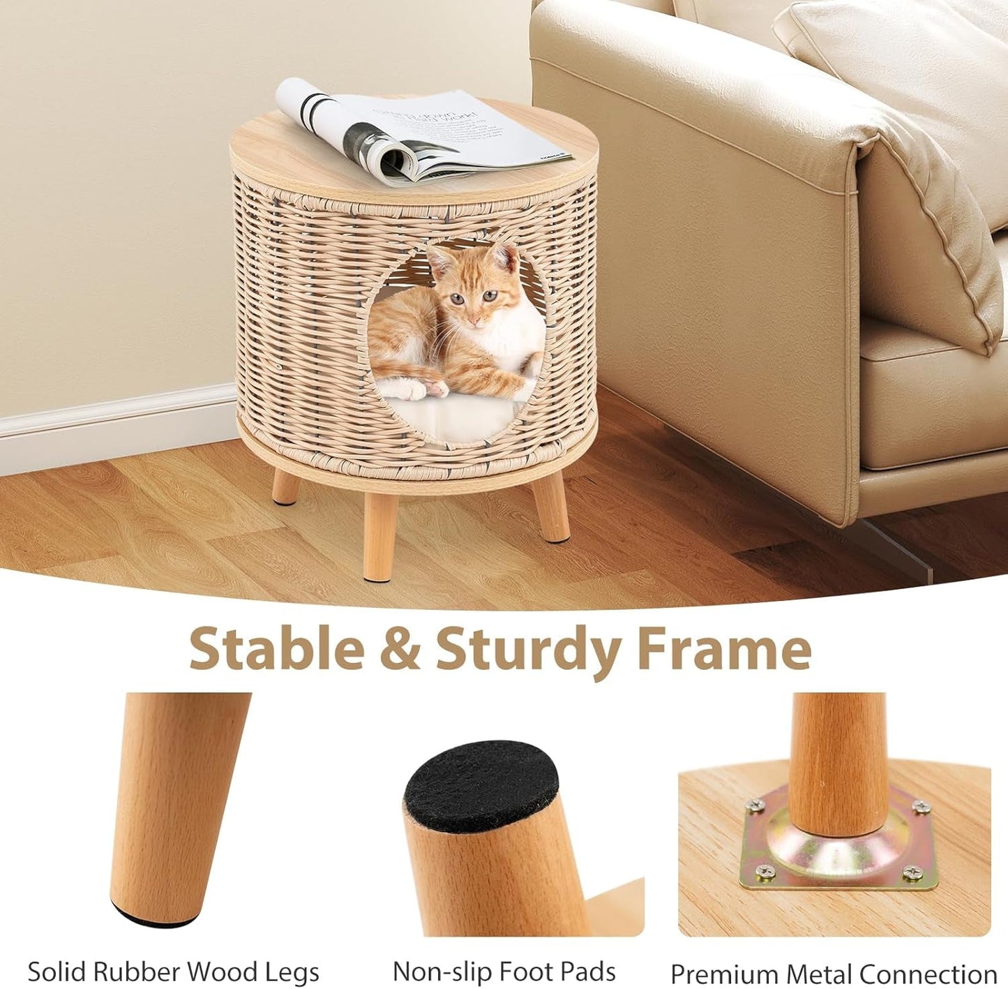 Katzenhaus Rattan, Katzenmöbel mit Holzbeinen & soft Kissen, 3 w 1 Katzenhöhle Fußhocker Nachttisch, Katzenbett stabil bis 30 kg dla Wohnzimmer Schlafzimmer