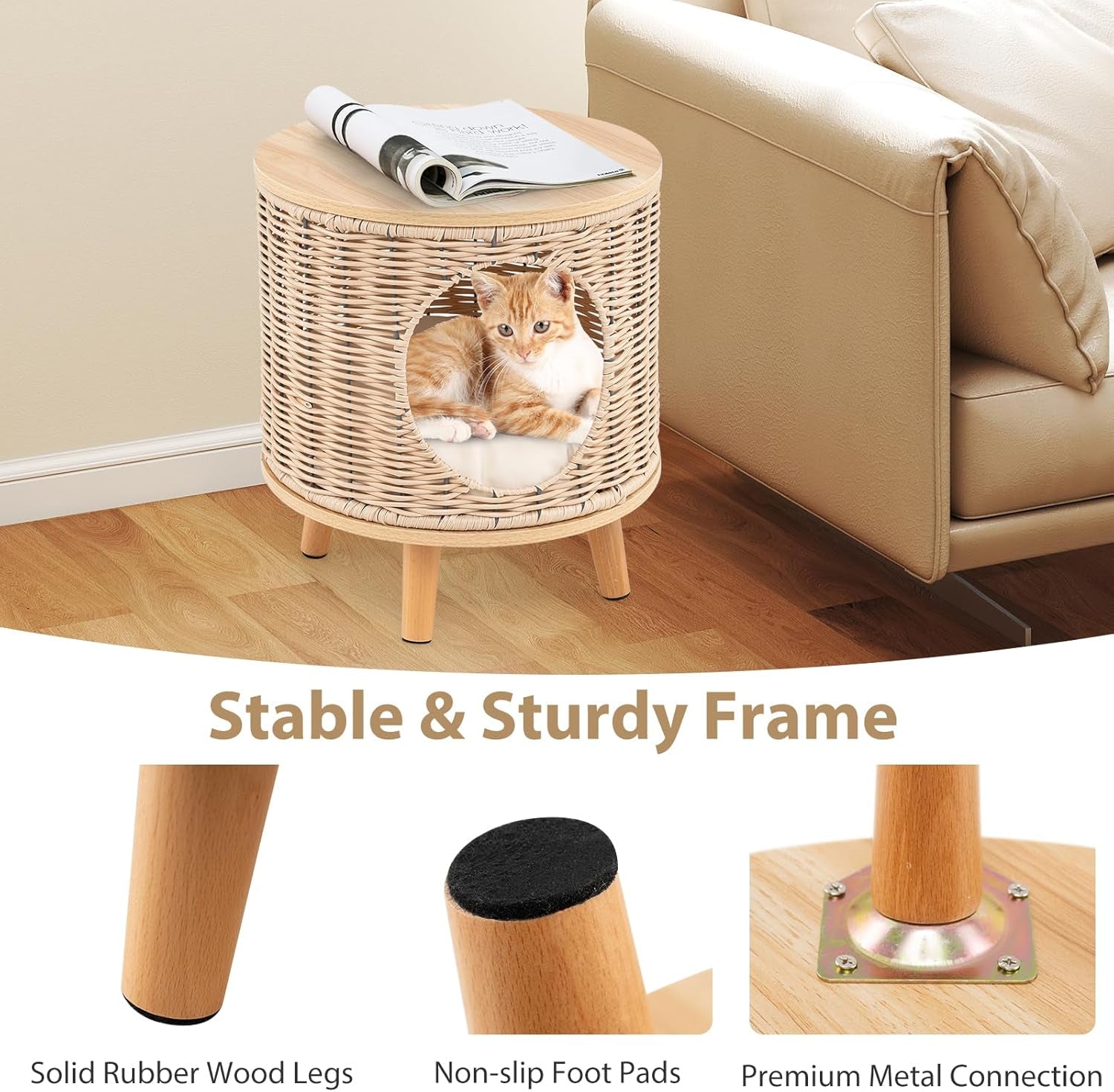 Katzenhaus Rattan, Katzenmöbel mit Holzbeinen & soft Kissen, 3 w 1 Katzenhöhle Fußhocker Nachttisch, Katzenbett stabil bis 30 kg dla Wohnzimmer Schlafzimmer