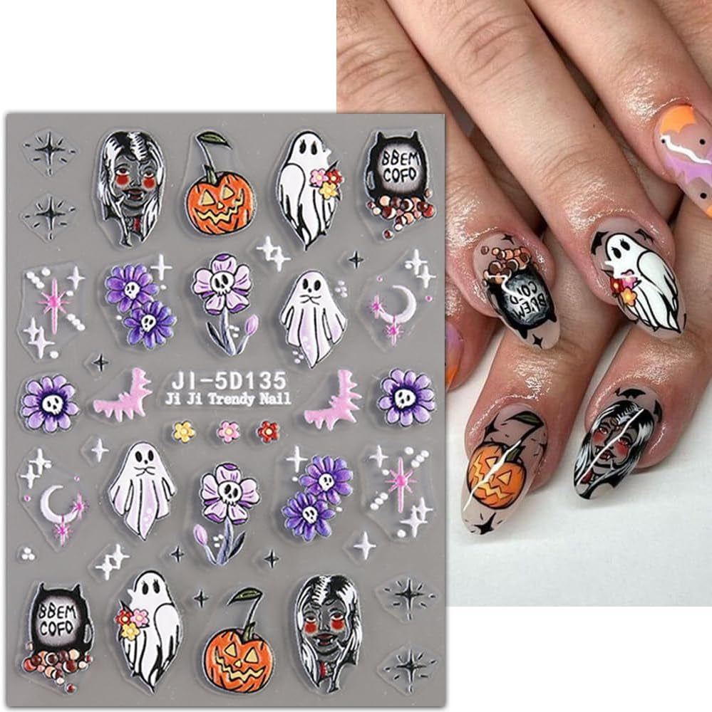 JMEOWIO 3D Nagelsticker Halloween Nail Art Naklejka Selbstklebend Nagelaufkleber 5D Stereoskopisch Süßer Geisterkürbis Dekoration Nageldesign Zubehör 4 Blatt