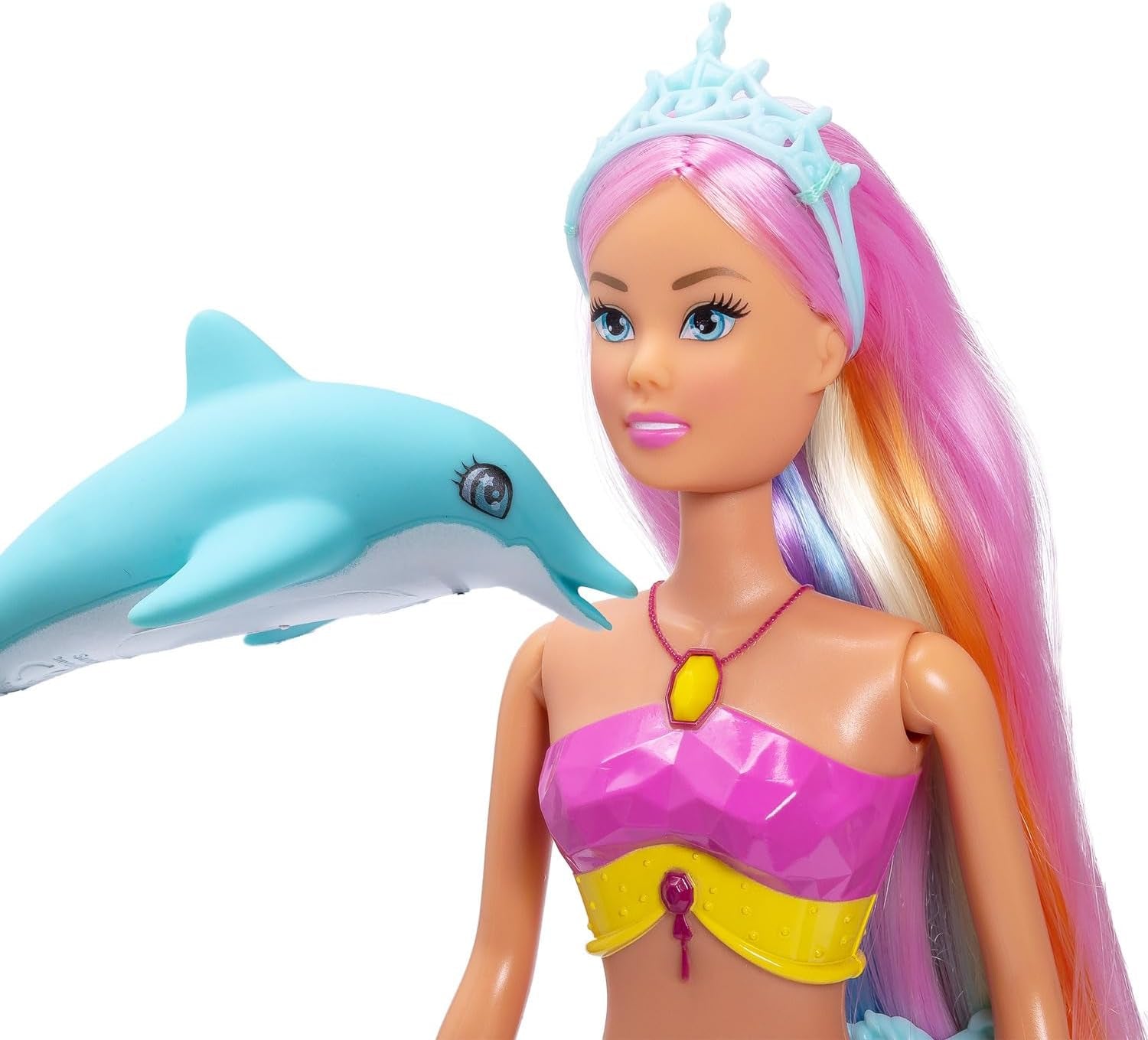 Simba Steffi Love Syrena – lalka syrenka z funkcją tęczowego światła, bardzo długimi włosami, figurką delfina i spinkami do włosów, wysokość 39 cm, funkcja „Wypróbuj mnie”, wiek 3+