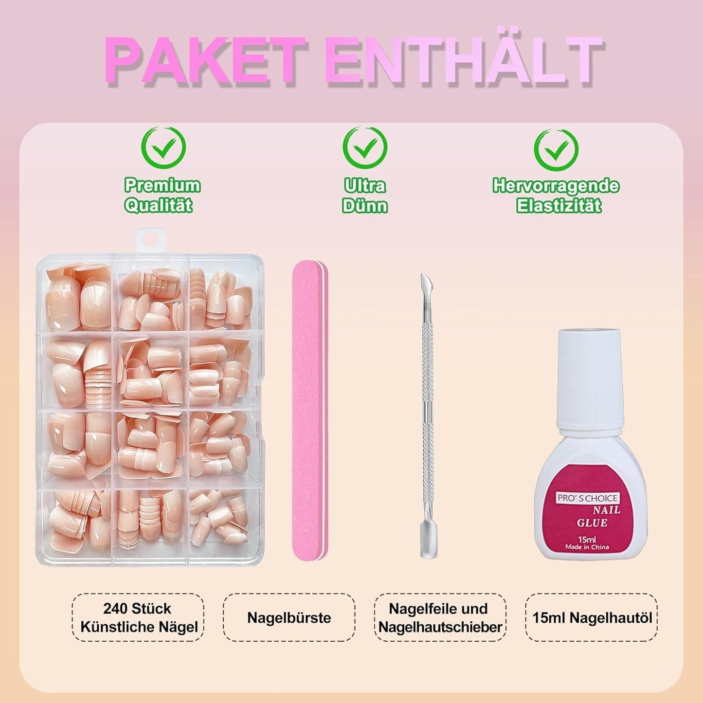 Zestaw sztucznych paznokci - 240 szt. Krótkie kwadratowe paznokcie Miękki model żelowy Nude Biały gradient Fałszywy naturalny klej na sztucznych paznokciach dla kobiet DIY (Nude Gradient, 240X)