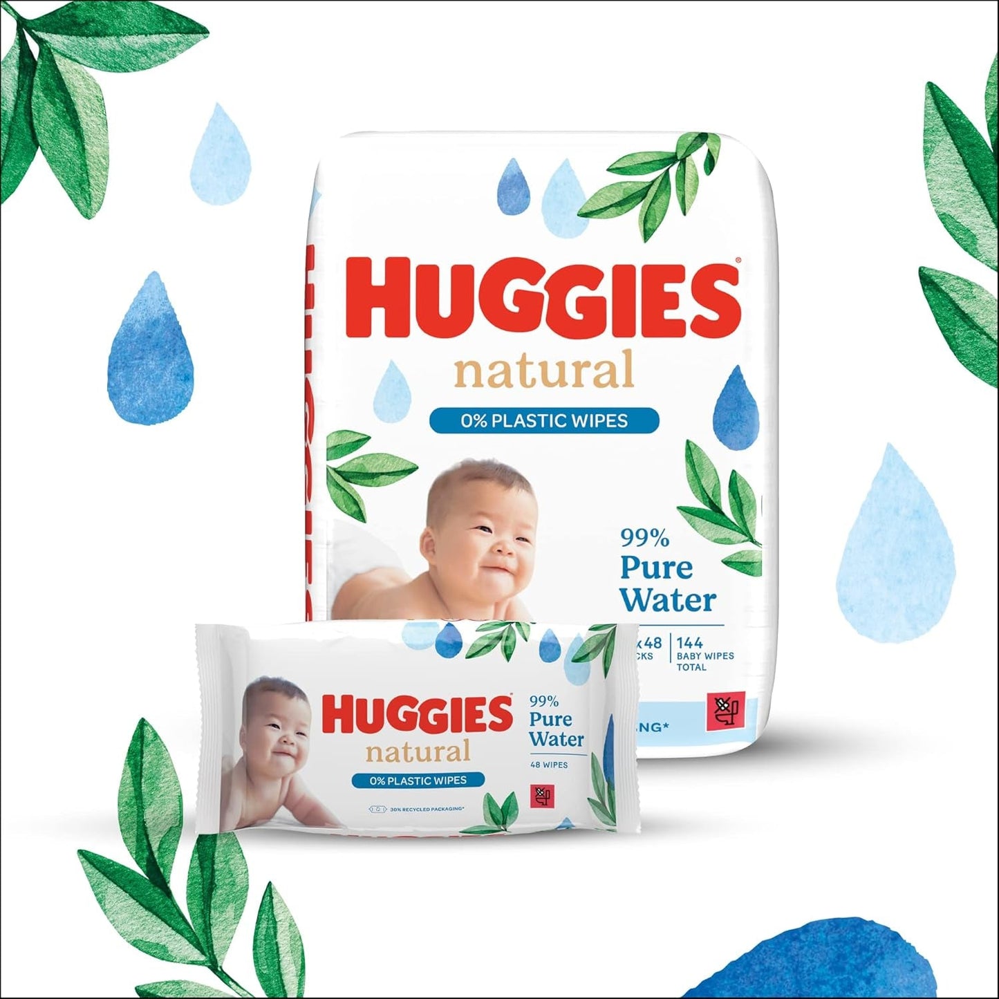 Huggies Biodegradowalne, naturalne chusteczki nawilżane dla wrażliwych dzieci, 8 x 48 chusteczek, opakowanie zbiorcze