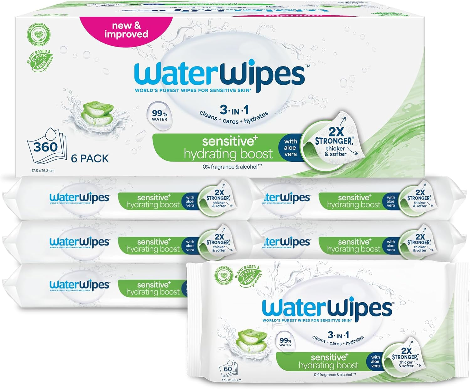WaterWipes Sensitive+ Hydrating Boost Chusteczki nawilżane, Chusteczki nawilżające, 360 sztuk (6 szt.), 3 w 1 Czyszczenie, pielęgnacja, nawilżanie, 99% wody z aloesu, bezzapachowe chusteczki dla dzieci