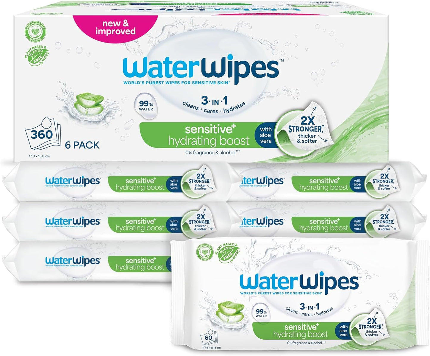 WaterWipes Sensitive+ Hydrating Boost Chusteczki nawilżane, Chusteczki nawilżające, 720 szt. (12 szt.), 3 w 1 Czyszczenie, pielęgnacja, nawilżanie, 99% wody z aloesu, bezzapachowe chusteczki dla dzieci