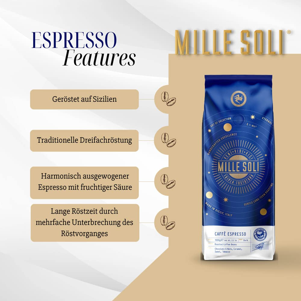 Caffè Espresso - Espressobohnen 1kg - Tradycyjny Dreifachröstung In Handarbeit - Premium Kaffeebohnen mit perfekter Crema und besons säurearm für Fullyautomat und Siebträger