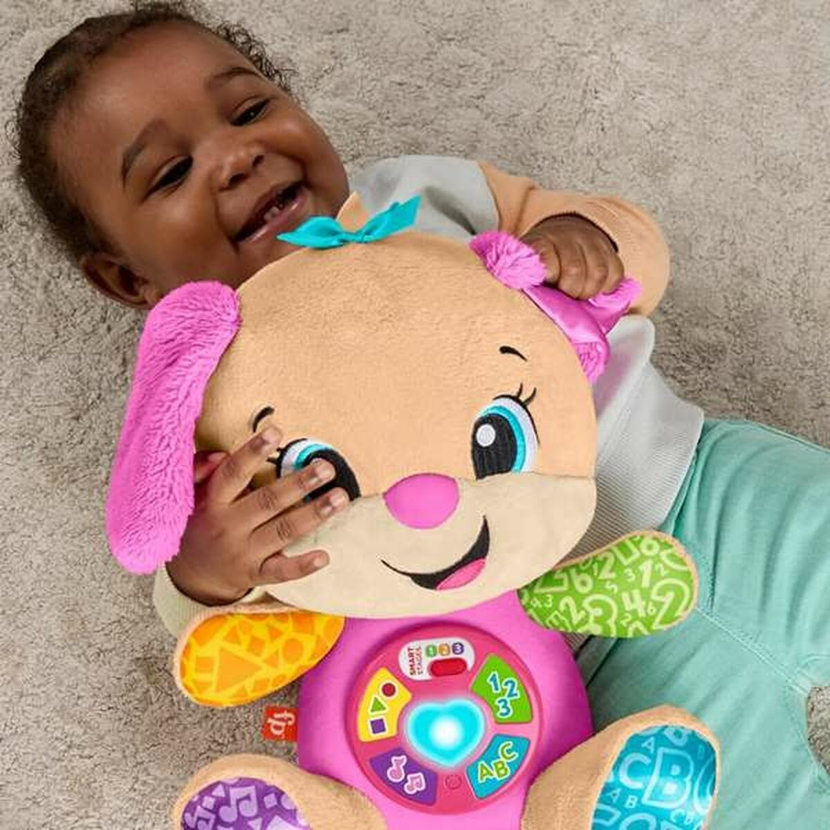 Fisher-Price Śmiej się i ucz JFD35 Pluszowa zabawka z inteligentnymi scenami Muzyczna zabawka edukacyjna dla dzieci od 6 miesiąca życia, wersja wielojęzyczna: włoski, hiszpański, portugalski, angielski, JFD35 Baby Toys Naty Shop