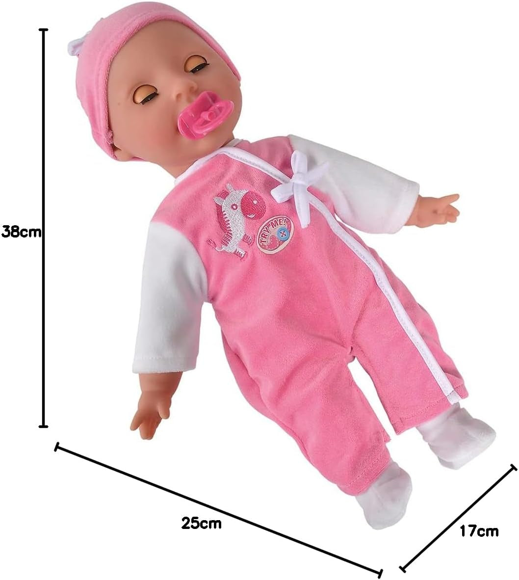 Simba 105140489 - Laura Baby Talk Doll, 38 cm lalka z miękkim ciałem i zaspanymi oczami w uroczym kombinezonie, 24 dźwięki dziecka, lalka do zabawy, lalka Baby, wiek 2+