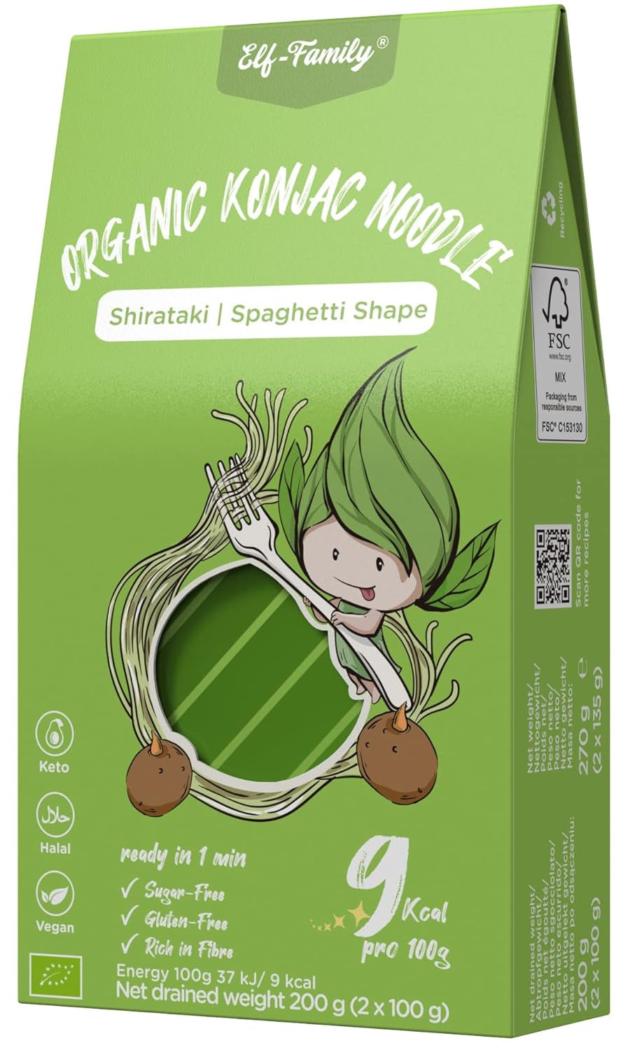 Elf-Family 270g x6er Box (12 szt.) Bio Konjak Nudeln Ultra Low Carb Shirataki Nudeln Wegańskie Glutenfrei-Instant Nudeln ohne kohlenhydrat/Keto/Kalorienarme/Fettfrei/Zuckerfrei -Spaghetti MHD: 12.11.2026