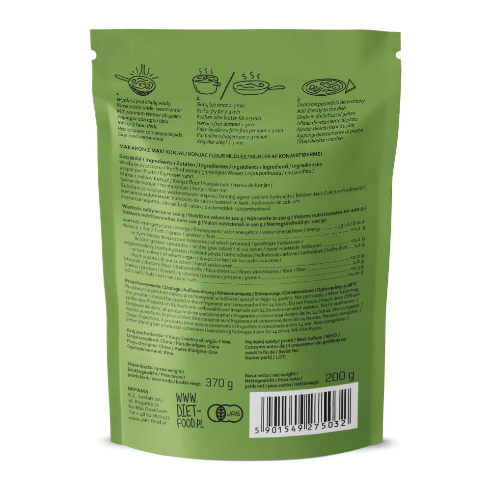 Dietetyczny makaron shirataki | Makaron Konjac o niskiej zawartości węglowodanów | 200 gramów wegańskiego, niskokalorycznego, beztłuszczowego, bez sojowego, bezglutenowego, rozpuszczalnego w wodzie makaronu dietetycznego