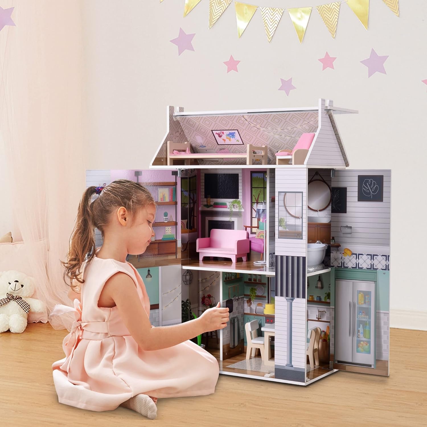 Olivia's Little World Dreamland 3-poziomowy interaktywny drewniany domek dla lalek z 13 akcesoriami meblowymi dla lalek biały TD-13632A
