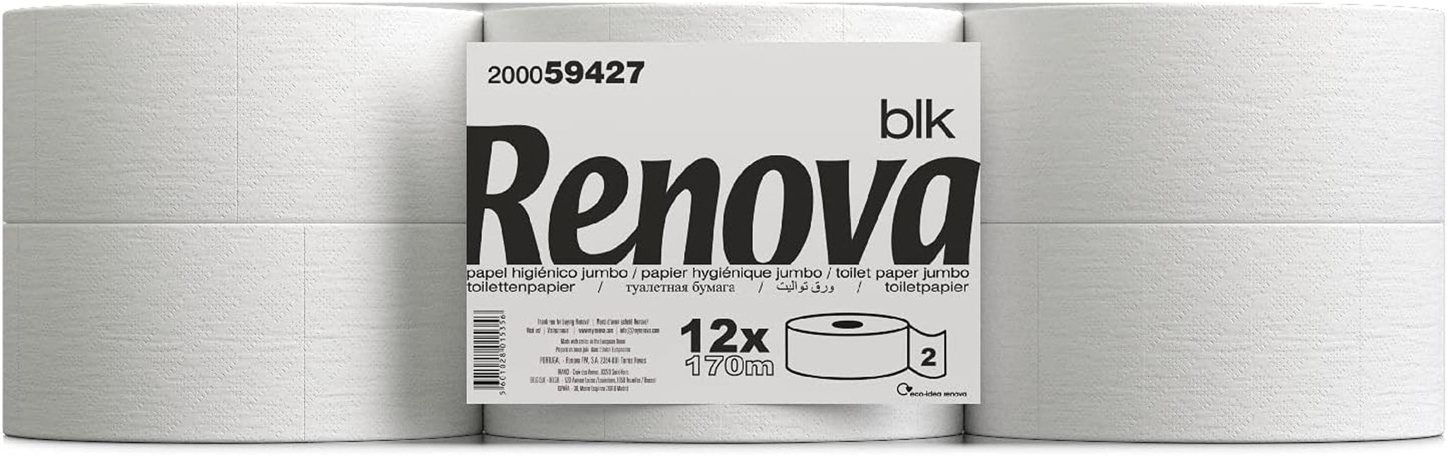 Papier toaletowy Renova Jumbo BLK, 12 rolek po 170 mb, papier biały, 2 warstwy