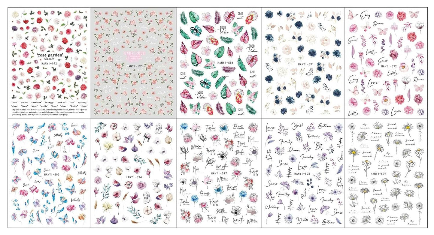 JMEOWIO Nagelsticker Frühling Blumen 10 Blatt Nail Art Naklejka Selbstklebend Nagelaufkleber Buntes Sommer Blumen Dekoration Nageldesign Zubehör