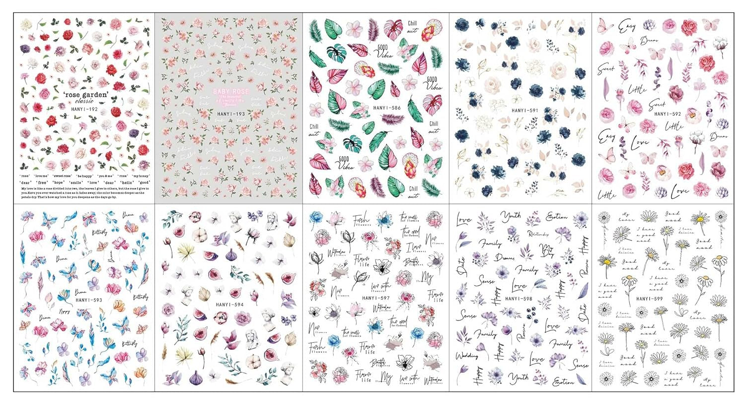 JMEOWIO Nagelsticker Frühling Blumen 10 Blatt Nail Art Naklejka Selbstklebend Nagelaufkleber Buntes Sommer Blumen Dekoration Nageldesign Zubehör