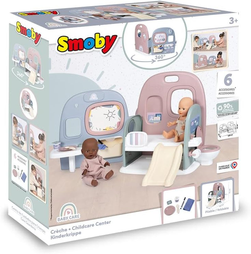 Smoby - Opieka nad dziećmi Przedszkole dla lalek - Centrum zabaw dla lalek Żłobek + przedszkole Życie codzienne - Składany plac zabaw obracany o 360° - 6 akcesoriów - Wykonane w 90% z materiałów pochodzących z recyklingu we Francji, od 3 lat