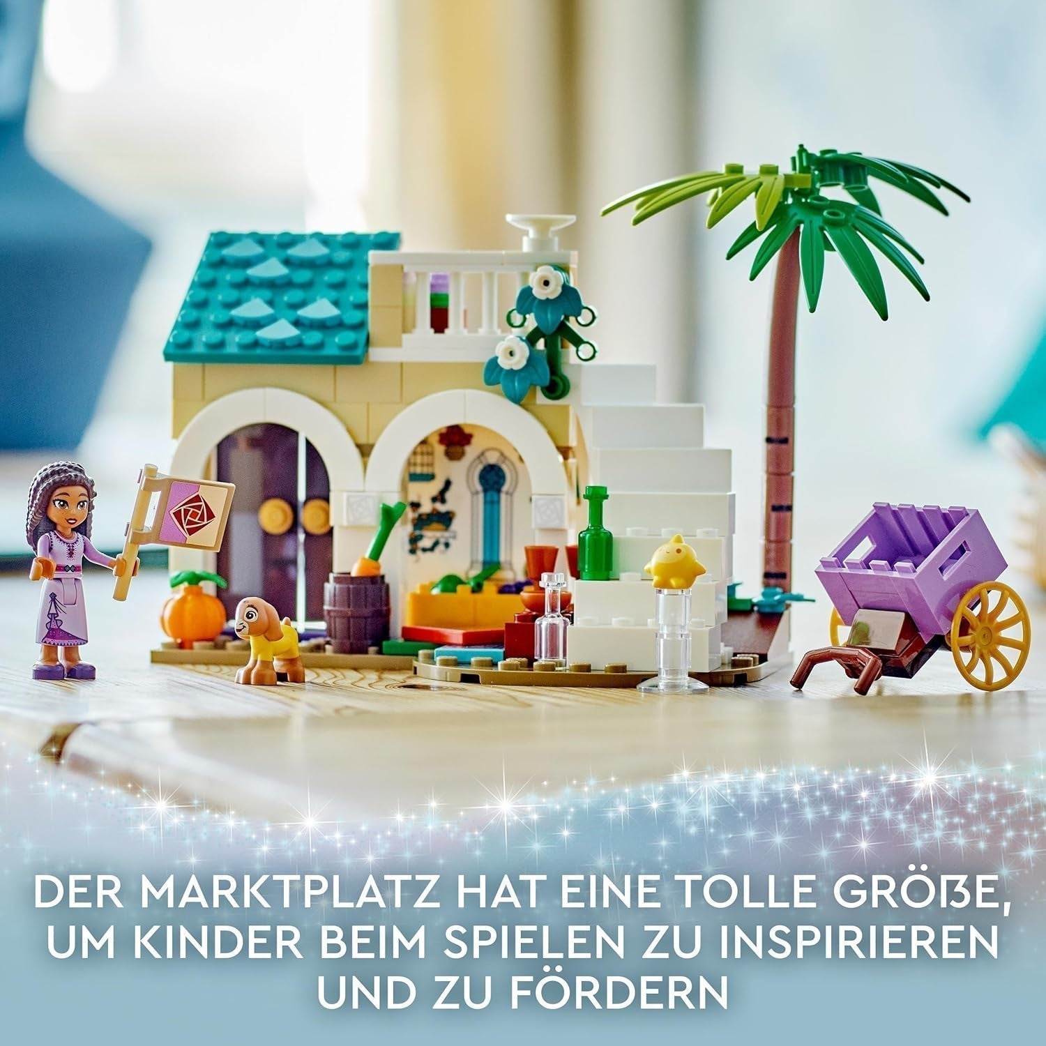 LEGO 43223 Disney Życzenie Ashy w Rosas City, zestaw filmów życzeń z targiem, mini lalka Asha, Valentino jako zabawka-koza i figurki gwiazd, prezent dla dzieci w wieku 6 lat, zestawy do budowania dla dziewcząt i chłopców w sklepie LEGO