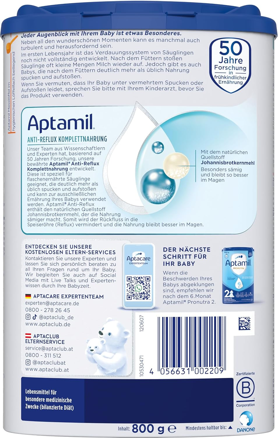 Aptamil Anti-Reflux - Kompletna formuła od urodzenia Zarządzanie dietą Wymioty i zarzucanie pokarmu Pokarm dla niemowląt Mleko w proszku 1 x 800g