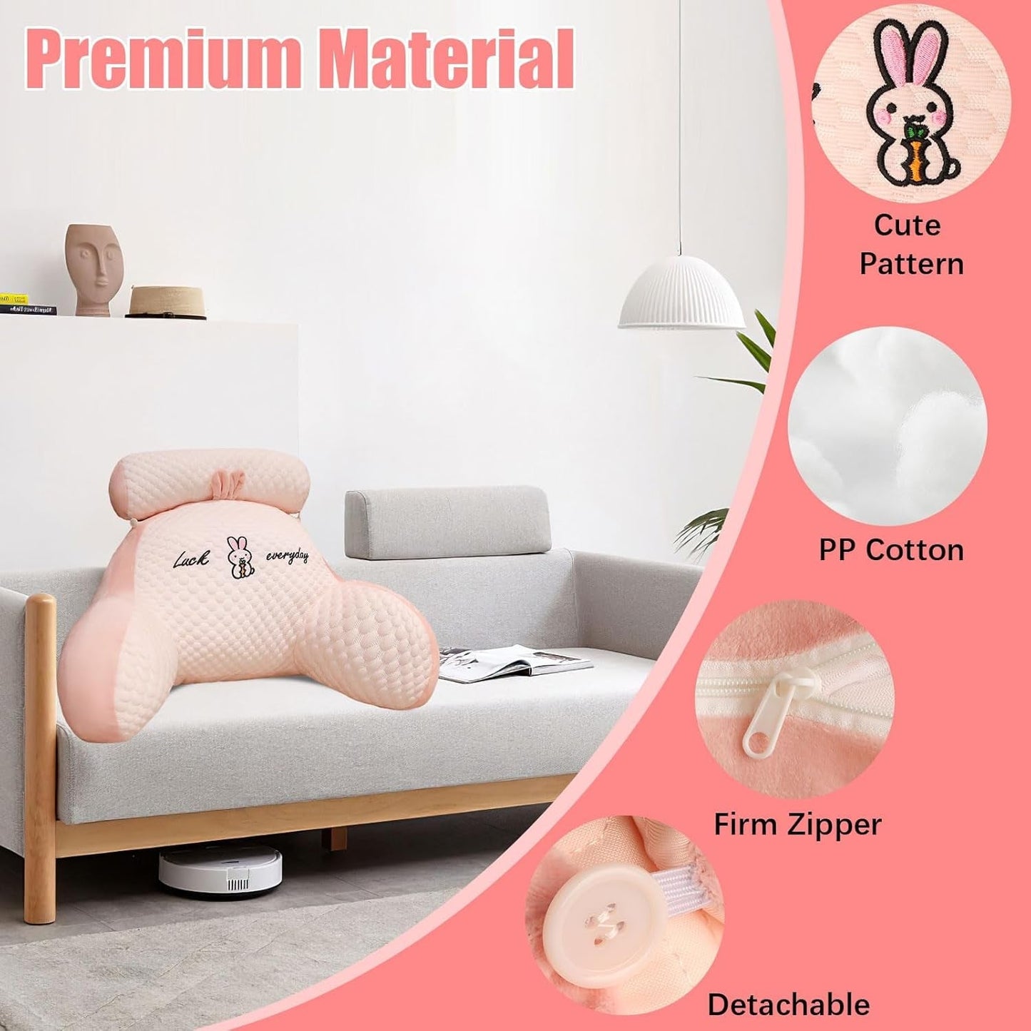 Poduszka do czytania, poduszka na łóżko, bardzo duża poduszka pod plecy dla dorosłych 70x50 cm do czytania z odpinaną rolką pod szyję i ramieniem podtrzymującym, wygodna poduszka do czytania na łóżko i sofę (różowa, bardzo duża)