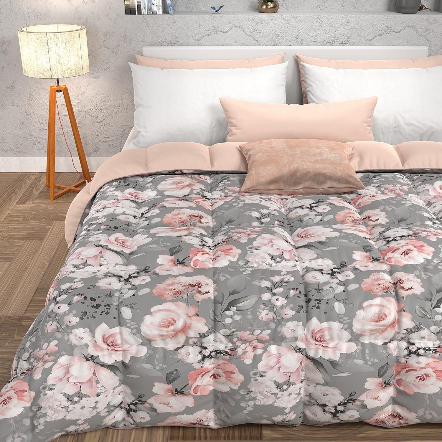 PETTI Artigiani Italiani - Kołdra zimowa, Kołdra zimowa, Prosta kołdra, Dwustronny, Druk monokolorowy i cyfrowy, 100% hipoalergiczna mikrofibra, Made in Italy Naty Shop Kołdry i kołdry Floral 17 Szary Una Piazza E Mezza