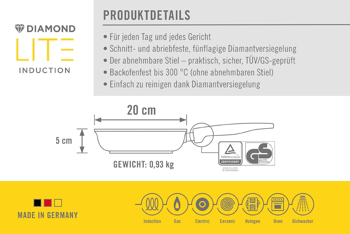 Płaska patelnia Woll Diamond Lite - Indukcja -, Ø 20 cm, wysokość 5 cm, Ze zdejmowanym uchwytem - Nadaje się do wszystkich typów płyt grzewczych, Odlew aluminiowy, Powłoka nieprzywierająca Garnki i patelnie Naty Shop