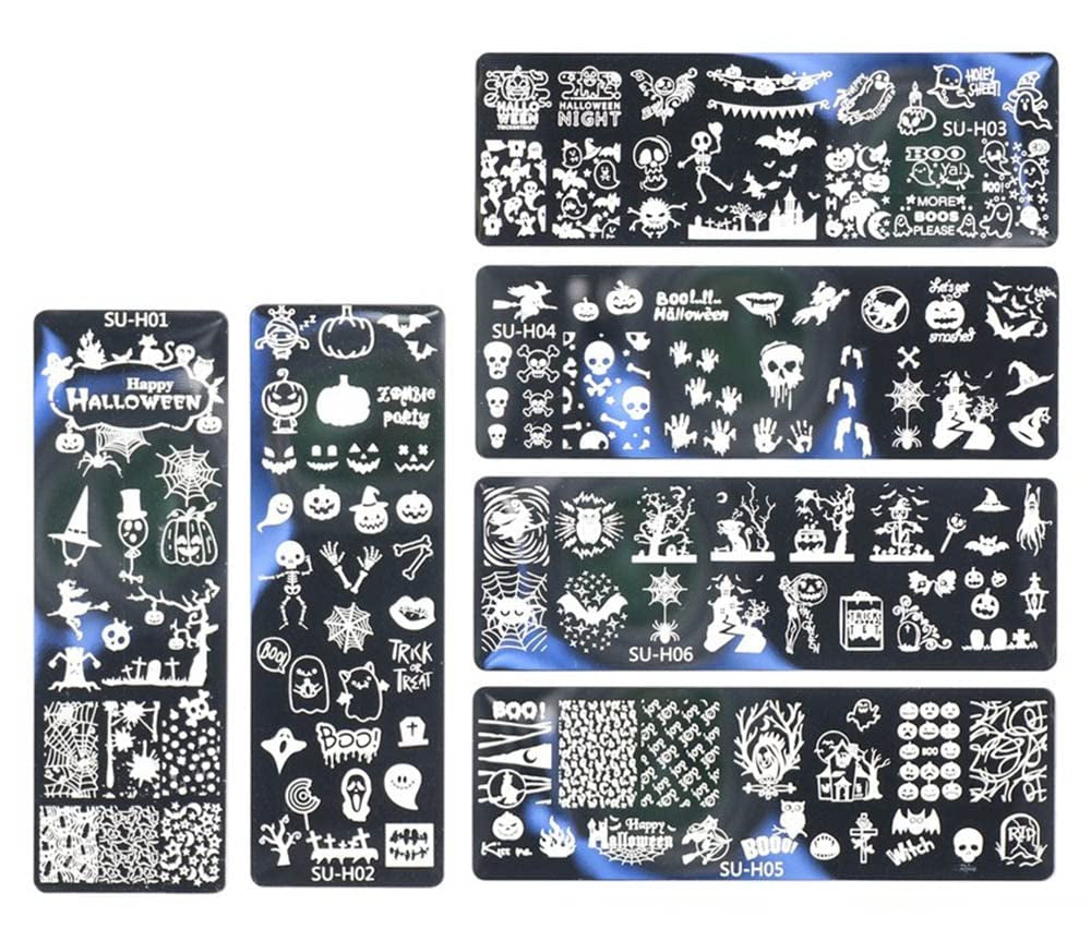 JMEOWIO Szablony do stemplowania paznokci Halloween 6 Stück Nagelstempel Szablony Nail Art Dekoration Nageldesign Zubehör Böse Gruselige Kürbis-Geisterhexe