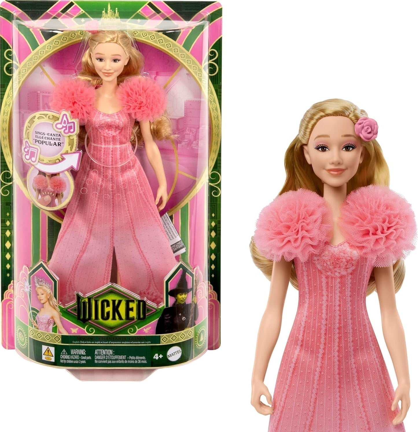 Mattel Singing Glinda Fashion Doll od Wicked i akcesoria, meble i wygląd inspirowany filmem oraz zdejmowany strój, śpiewa „Hotly Loved”, JLG49, domyślny tytuł Pink Naty Shop Dolls