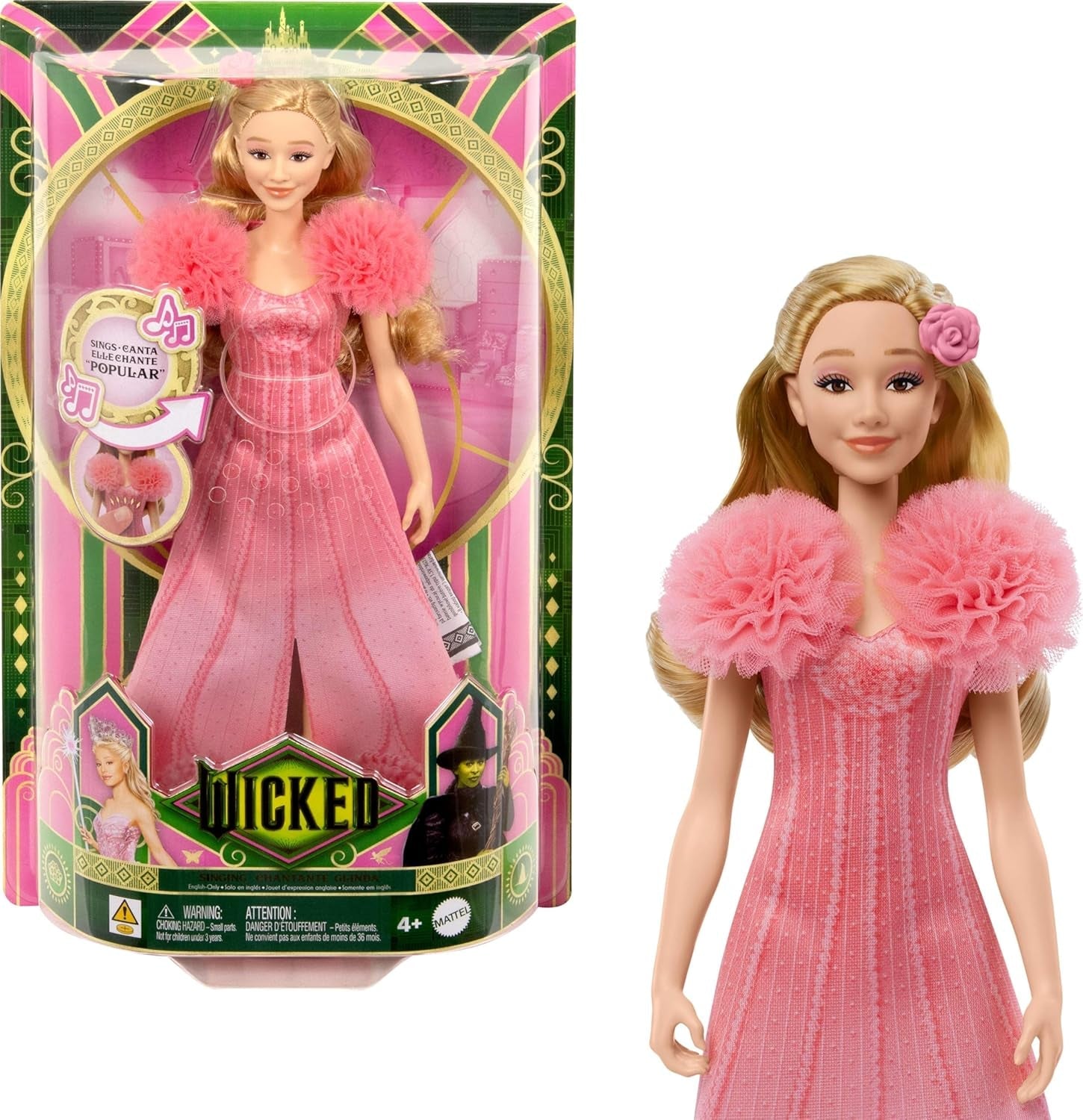 Mattel Glinda z firmy Wicked and Accessories Przegubowa lalka inspirowana filmem z odpinanym strojem śpiewa „Loved by Us” JLG49 różowa