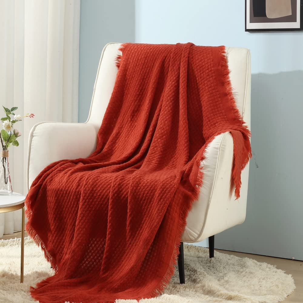 CREVENT Rdzawy koc z dzianiny na kanapę Sofa Krzesło Łóżko Wystrój wnętrz Miękki, ciepły, przytulny Lekki Wiosna Lato Jesień (127,8 x 152,4 cm Karmel / Brąz / Spalona pomarańcza) CREVENT Łóżka i koce Pomarańczowy