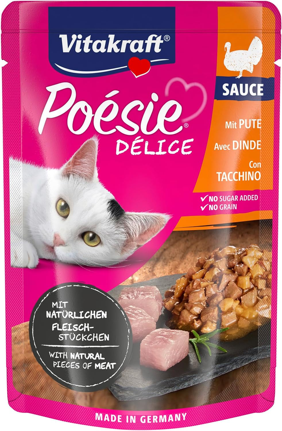 Vitakraft Poésie Délice, mokra karma dla kota, karma dla kota w sosie, z indykiem, opakowanie zbiorcze, bez dodatku cukru i zbóż (23 x 85g)