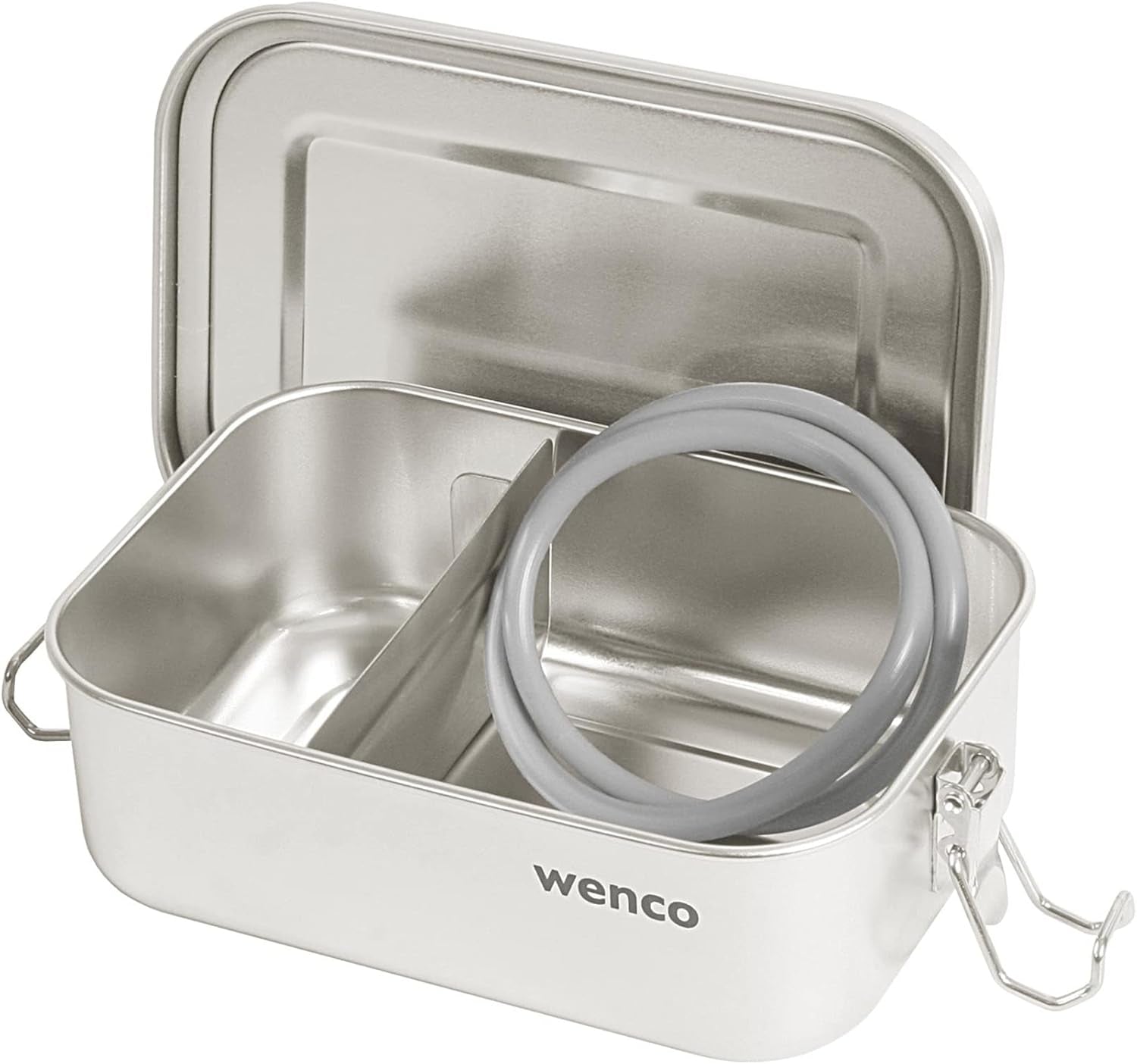 Pudełko śniadaniowe Wenco ze stali nierdzewnej, 2 przegródki, duża pojemność, 850 ml. Pudełko śniadaniowe Wodoodporne. Można myć w zmywarce. Zawiera wymienny silikonowy pierścień. 18,5 x 14 x 5,5 cm. Srebrny (2 szt.). Pudełka do przechowywania żywności Naty Shop 650 ml.
