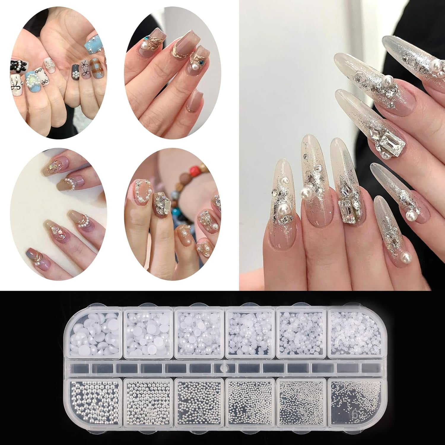 Nail Art Strasssteine ​​​​1 Schachtel, Nail Charms, 12 Typen Weiße Perlen Für Nägel, Flatback Rhinestones, Klein Edelstahl-Perlen, Nagel Deko, Nagel Zubehör