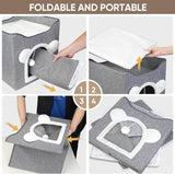 Katzenbetten für Indoor Katzen, Faltbares Katzenhaus, Katzenhöhle 2 Schicht Würfel Großer Raum Katzenbett mit Kratzbrett und Spielball, 15,8 x 15,8 x 15 cali