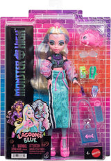 Lalka Monster High Lagoona Blue Neptuna Fish z krótkim topem i sportową spódnicą Maxi z 7 akcesoriami, w tym okularami przeciwsłonecznymi w kształcie muszli, przekąską i torbą, JHK33