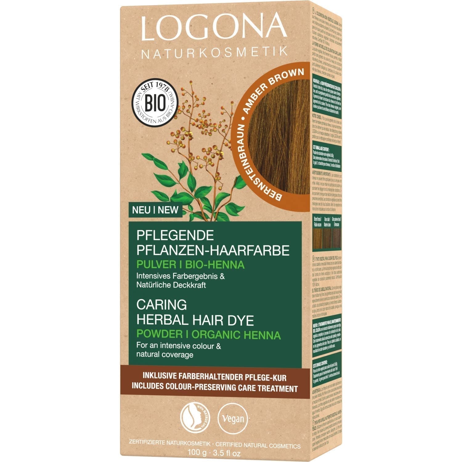 LOGONA Natural Cosmetics Ziołowa odżywcza farba do włosów, organiczna henna w proszku Wegańska farba do włosów dla intensywnego koloru i połysku, ziołowa farba do włosów w kolorze Miedziany Blond (Blond), 1 x 100g Naty Shop Amber Brown Farba do włosów 100G (1 opakowanie)