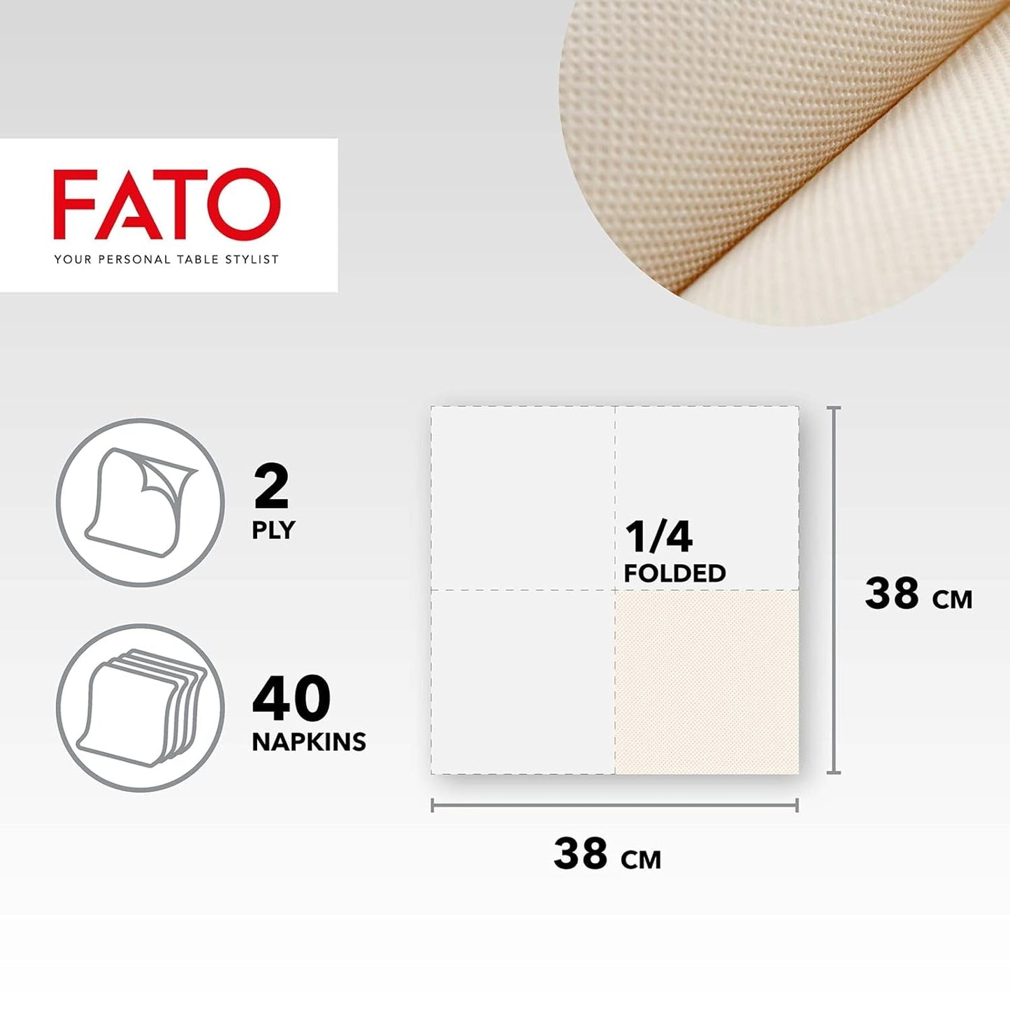 Fato - Naturalne 4-składane jednorazowe serwetki papierowe, przyjazne dla środowiska, 40 szt., rozmiar 38X38, 2 warstwy, 100% papier makulaturowy