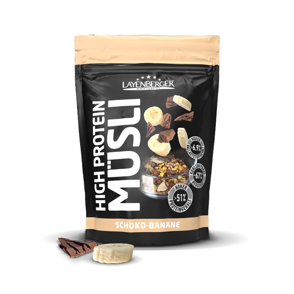 Layenberger 3K High Protein Müsli, 50% Eiweiß i 18% Kohlenhydrat - opakowanie pojedyncze (1X 390 G) - Schoko-Nuss Cereale Naty Shop 390 G (opakowanie 1Er) Schoko-Banana