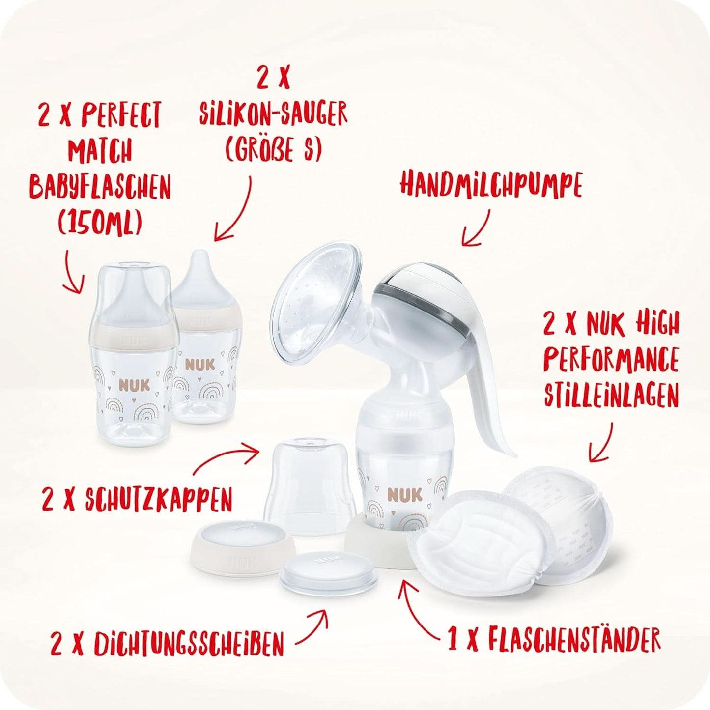 Zestaw do laktatora ręcznego NUK, miękka silikonowa poduszka, 2 doskonale połączone butelki, 150 ml Akcesoria Żywność i karmienie piersią Sklep Bebe Naty