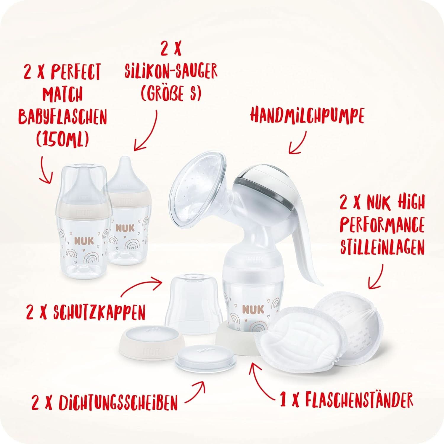 Zestaw do laktatora ręcznego NUK, miękka silikonowa poduszka, 2 doskonale połączone butelki, 150 ml Akcesoria Żywność i karmienie piersią Sklep Bebe Naty