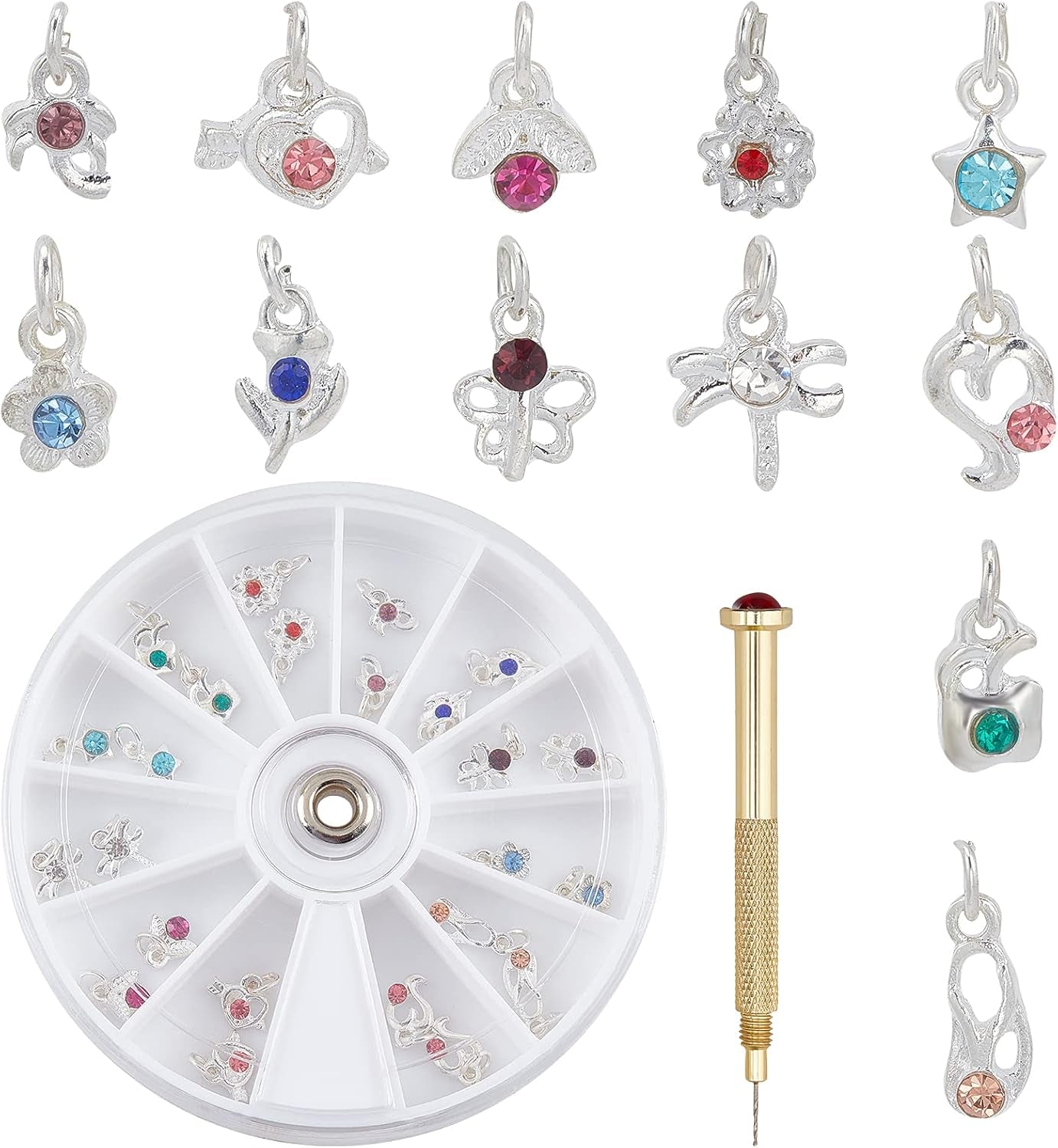 OLYCRAFT 24 szt. Nagelschmuck Ringe Dangle Nail Art Zubehör Mit Nagelpiercing Tool Nagelbohrer Manueller Bohrer Aus Legierung Für Tips, Acryl, Gele and Dekorationen